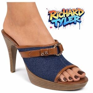 Platform Heels Size 9M | Blue Denim & Tan Slip-On | 5.5” Heel